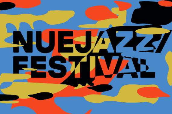 Buntes abstraktes Muster mit schwarzer Schrift 'NUEJAZZFESTIVAL'