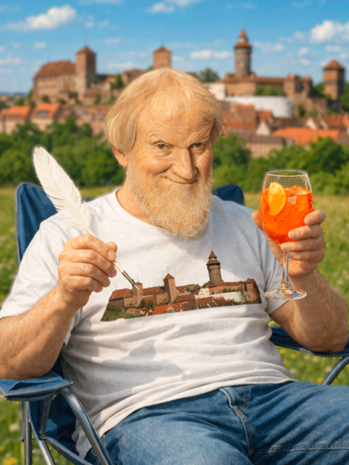 Ein künstlich erstelltes Bild von Hans Sachs in einem Campingstuhl mit Getränk in der einen Hand und Schreibfeder in der anderen Hand.