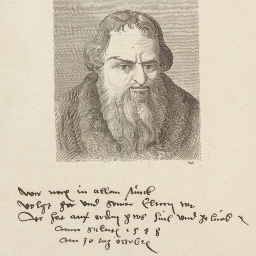 Schwarz-weiße historische Illustration von Hans Sachs in Form eines älteren Mannes mit dichtem, langem Bart und welligem Haar. Er trägt einen schweren Mantel oder Umhang. Unter dem Porträt befindet sich handschriftlicher Text in alter deutscher Schreibschrift.