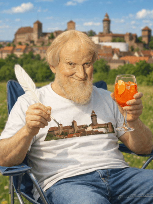 Ein künstlich erstelltes Bild von Hans Sachs in einem Campingstuhl mit Getränk in der einen Hand und Schreibfeder in der anderen Hand.