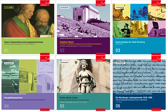 Titelseiten von sechs Bänden aus der Schriftenreihe