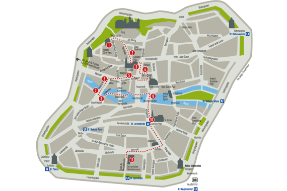 Stadtplan Nürnbergs mit den eingezeichneten Stationen des Dürer-Wegs
