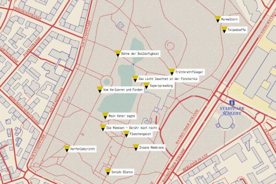 Interaktive Karte des Stadtparks, auf der die Standorte der Installationen eingezeichnet sind