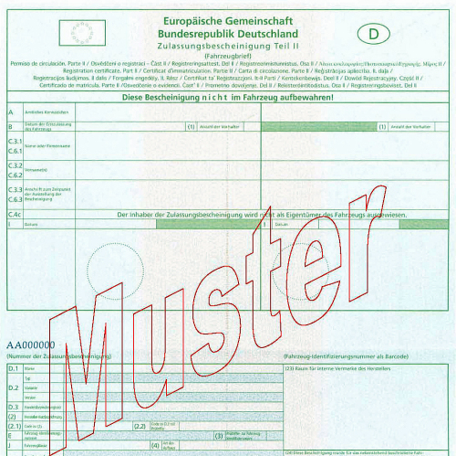 Muster der Zulassungsbescheinigung Teil 2 © Ordnungsamt Nürnberg / Kraftfahrt-Bundesamt