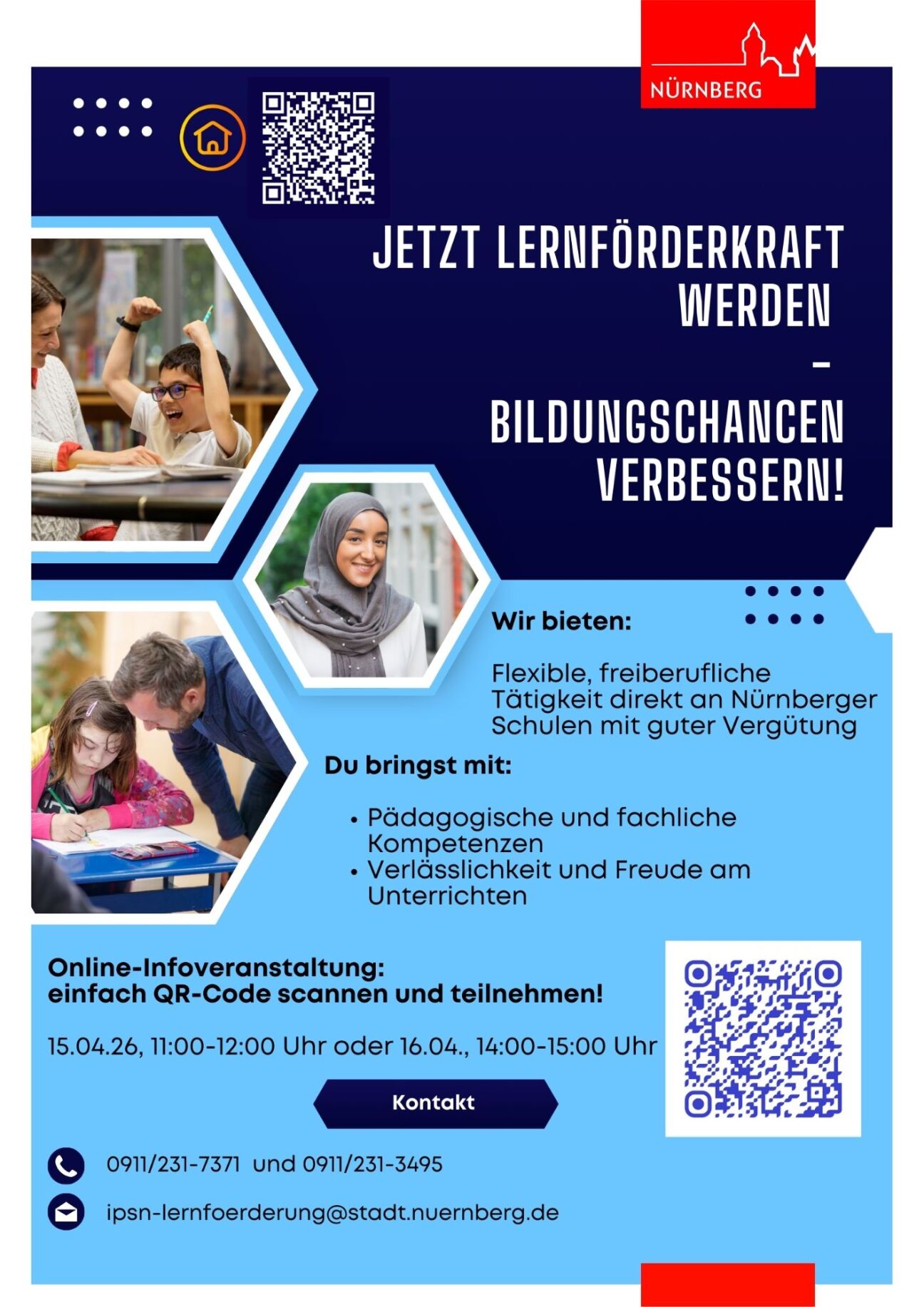Flyer zur Gewinnung von Lernförderkräften für Nürnberger Schulen, Bild © IPSN / Stadt Nürnberg