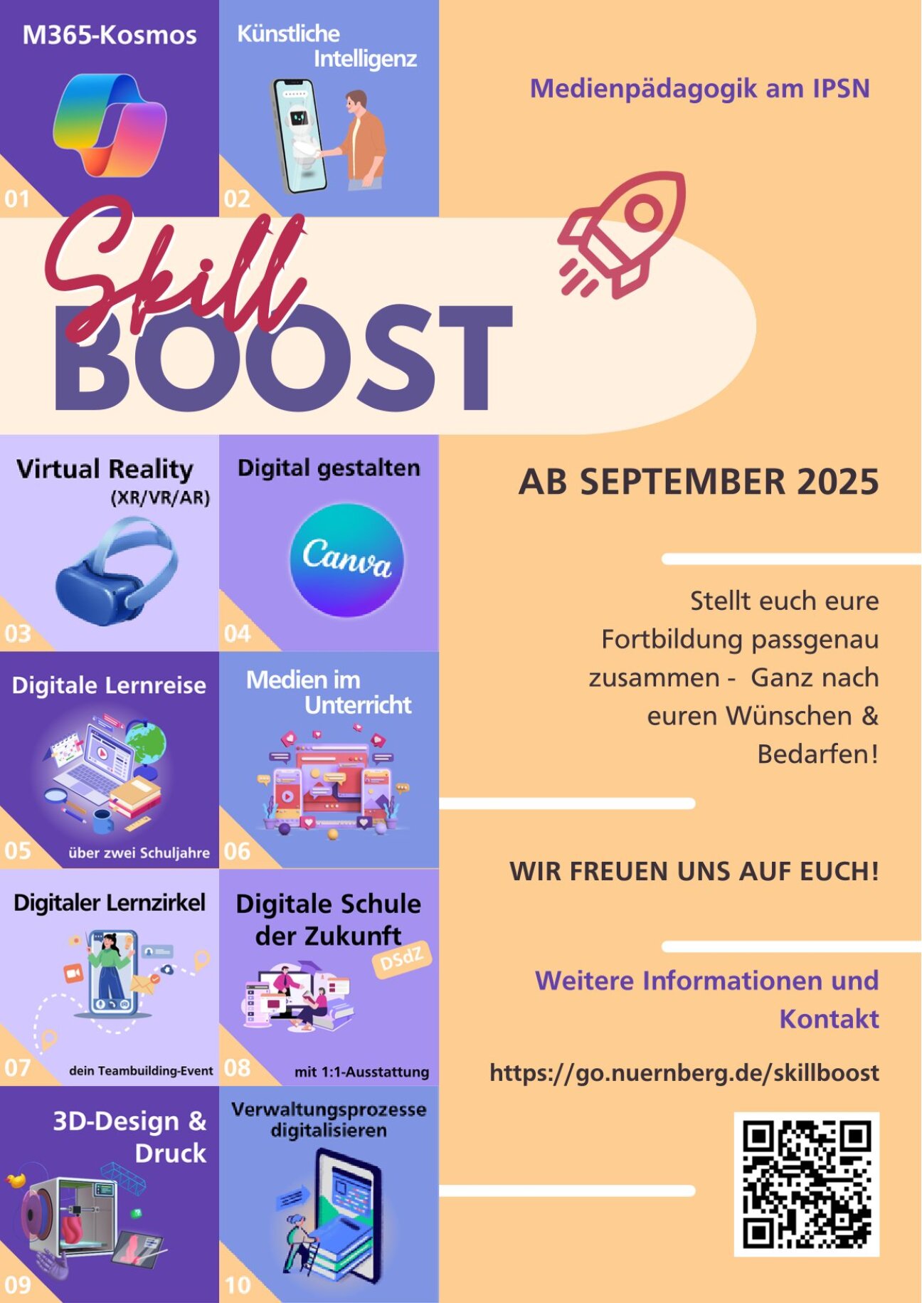 Plakat zum SkillBoost der Medienpädagogik im IPSN. Beim Skill Boost geht es darum, medienpädagogische Kompetenzen zu erwerben oder zu vertiefen., Bild © Stadt Nürnberg