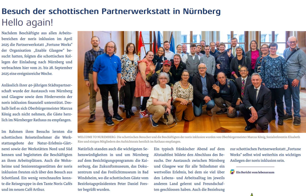 Teilnehmende des Austauschs zwischen Noris Inklusion Nürnberg und Fortune Works Glasgow beim Empfang des Oberbürgermeisters von Nürnberg, Bild © noris inklusion