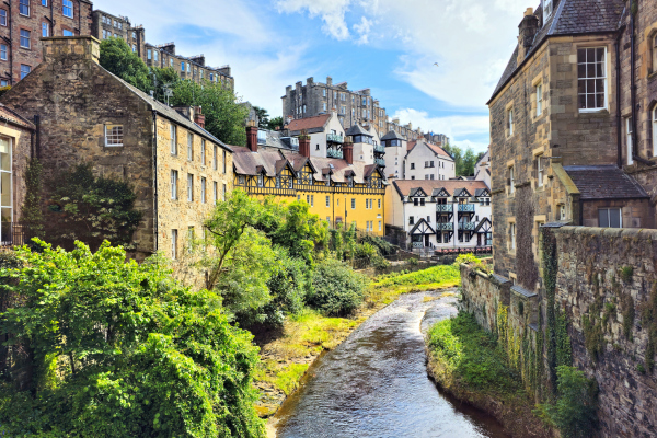 Beautiful medieval architecture of Dean Village in historic Edinburgh, Scotland, UK