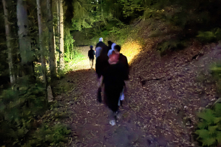Bild © Fabian Schäfer / Stadt Nürnberg Personen bei einer Nachtwanderung mit Taschenlampe durch den Wald, Bild © Fabian Schäfer / Stadt Nürnberg
