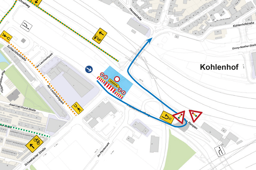 Umleitungsstrecken für den Geh- und Radverkehr sowie den motorisierten Verkehr in Richtung Kohlenhof, während der Brückenbaustelle an der Kreuzung Frankenschnellweg - Schwabacher Straße.