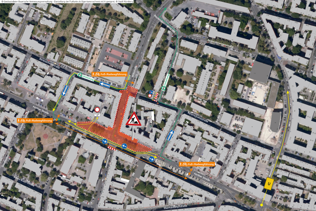 Während der Bauzeit ist die Willstraße im Abschnitt zwischen Bärenschanzstraße und Fürther Straße vollständig gesperrt. Die Gehwege bleiben durchgehend nutzbar, alle Geschäfte sind jederzeit erreichbar., Bild © Geobasisdaten: Stadt Nürnberg, Geo und © Bayerische Vermessungsverwaltung