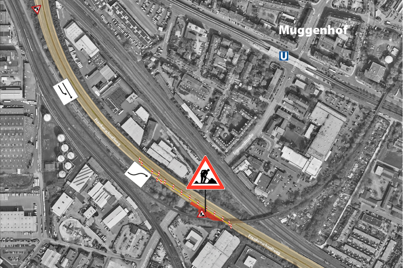 Aufgrund von Baugrunduntersuchungen am westlichen Frankenschnellweg kommt es in der ersten Augustwoche zu einer Fahrbahnverengung. Der Straßenverkehr wird auf Höhe der Sigmundstraße . einspurig im Gegenverkehr an der Baustelle vorbeigeführt., Bild © Stadt Nürnberg, Geo und Bayerische Vermessungsverwaltung