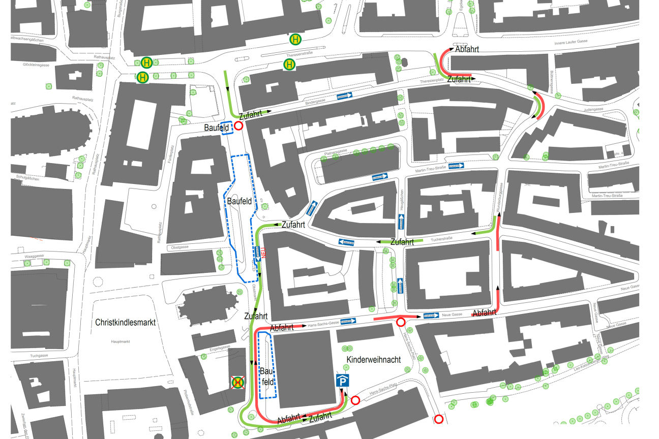 Die geänderte Verkehrsführung am Obstmarkt gilt während des gesamten Veranstaltungszeitraums des Christkindlesmarkts bis Ende Dezember 2025.