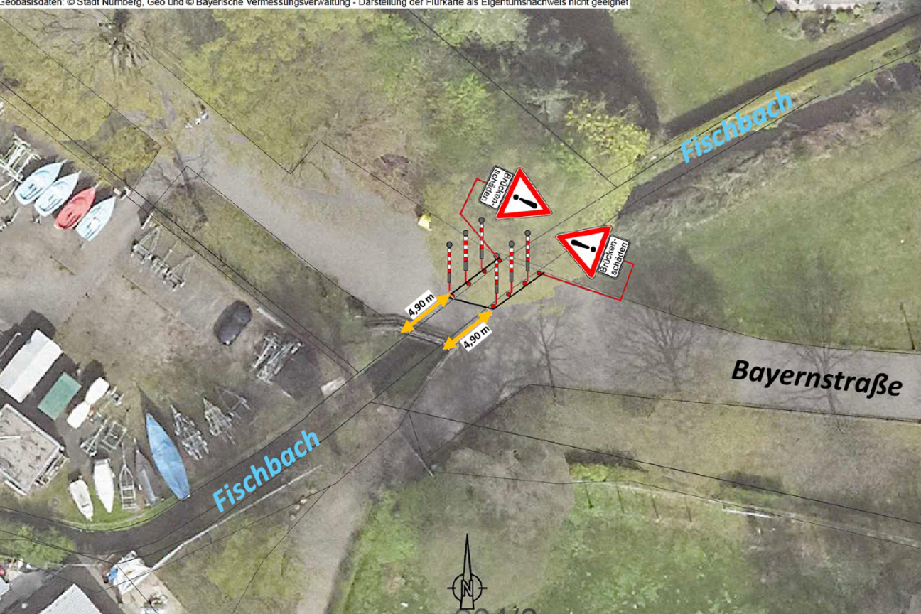 Sechs Poller sorgen zukünftig dafür, dass rund zwei Drittel der Brücke für den gelegentlichen Pkw-Verkehr gesperrt ist. Eine Überquerung ist aber bei einer Restbreite von 4,90 Metern trotzdem noch möglich., Bild © Stadt Nürnberg / Bayerische Vermessungsverwaltung