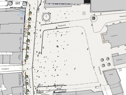 Auf dem Plan sind die Stand·orte von den Bäumen auf dem Haupt·markt., Bild © Stadtplanungsamt / Stadt Nürnberg