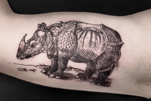 Wanted: Dürers Tattoos. Alejandro M. Sanz Guillén mit Tattoo von LeonKa. Motiv nach Albrecht Dürer: Rhinocerus, 1515.