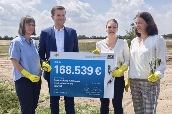 Bekämpfung der Beifuß-Ambrosie in Nürnberg: Bayerns Gesundheitsministerin Judith Gerlach (2. von rechts) und Professorin Claudia Traidl-Hoffmann (rechts), Sonderbeauftrage des bayerischen Gesundheitsministeriums für Klimaresilienz und Prävention, übergaben den Förderbescheid an Oberbürgermeister Marcus König (2. von links)  und Britta Walthelm (links), Referentin für Umwelt und Gesundheit der Stadt Nürnberg, am Donnerstag, 16. Juli 2026, bei einer Ambrosia-Befallsfläche im siedlungsnahen Bereich, Am Kressenstein 22, in Nürnberg-Kraftshof.