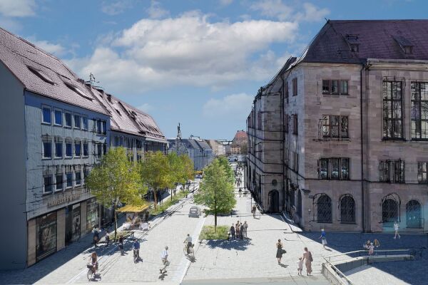 Der Fünferplatz begrenzt den Obstmarkt im nördlichen Bereich. Nach Abschluss der Arbeiten wird es auf dem Obstmarkt mehr Grün und weniger Verkehr geben.