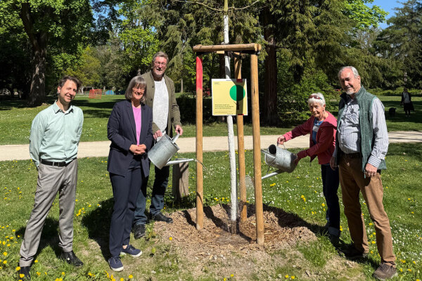 Zum Tag des Baums am Samstag, 25. April 2026, wurde im Nürnberger Stadtpark feierlich eine „Weidenblättrige Eiche“ am Ost-Eingang des Stadtparks gepflanzt und getauft. Von links nach rechts: Florian Demling, Sör-Stadtbaummanager, Britta Walthelm, Referentin für Umwelt und Gesundheit, Ronald Höfler, kaufmännischer Werkleiter Sör, Mathias-Kai Schmidt, Bund Naturschutz, und Margit Grüll von der Bäume für Nürnberg Stiftung.