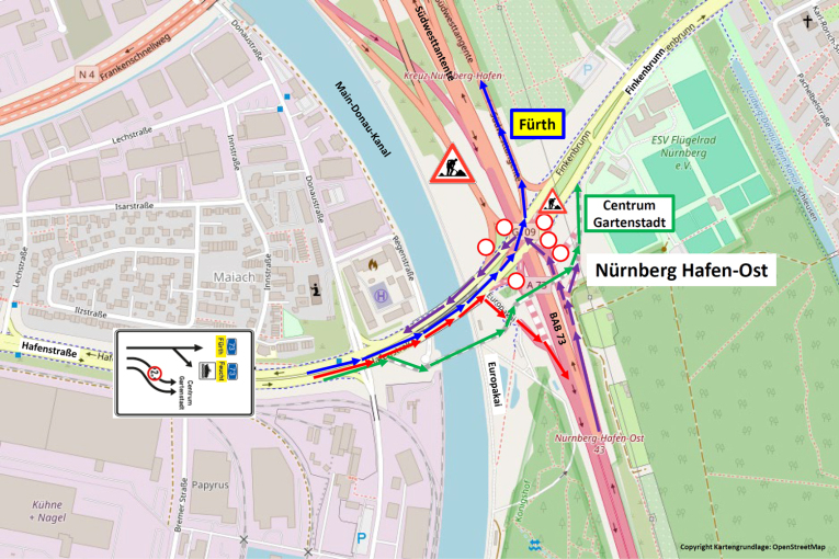 Bild © Stadt Nürnberg, Kartengrundlage: OpenStreetMap Ausschnitt von einer Straßen·karte: Umleitung für Auto·fahrer aus Richtung Fürth, Feucht sowie Zentrum/Gartenstadt., Bild © Stadt Nürnberg, Kartengrundlage: OpenStreetMap