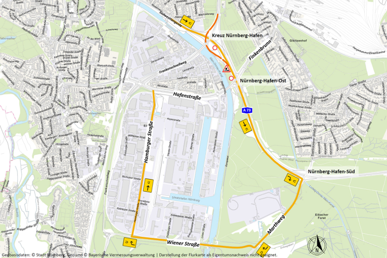 Bild © Stadt Nürnberg, Geo und © Bayerische Vermessungsverwaltung | Darstellung der Flurkarte als Eigentumsnachweis nicht geeignet. Ausschnitt von einer Straßen·karte: Umleitung für Auto·fahrer aus Richtung Fürth., Bild © Stadt Nürnberg, Geo und © Bayerische Vermessungsverwaltung | Darstellung der Flurkarte als Eigentumsnachweis nicht geeignet.
