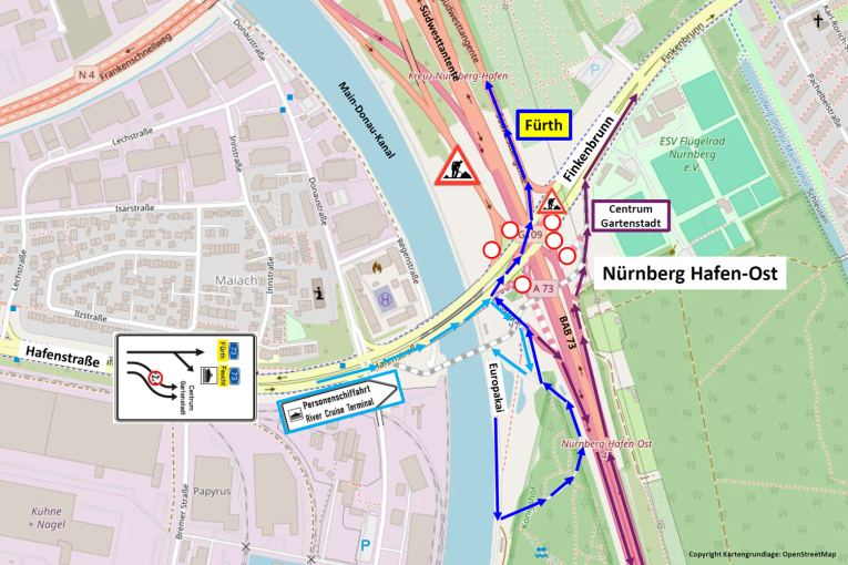 Bild © Stadt Nürnberg, Kartengrundlage: OpenStreetMap Ausschnitt von einer Straßen·karte: Fahrt·wege für den Europa·kai., Bild © Stadt Nürnberg, Kartengrundlage: OpenStreetMap