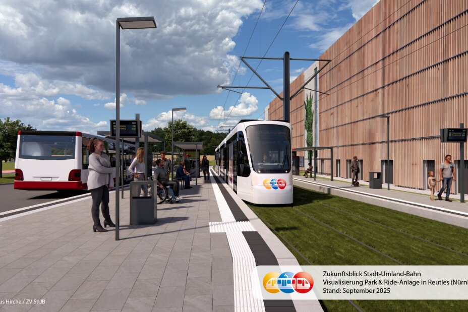 Ein Blick auf die Zukunft der Stadt-Umland-Bahn: Visualisierung Park & Ride-Anlage Reutles in Nürnberg., Bild © Claus Hirche / ZV StUB