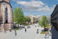 Bild  
Blick von der Spitalgasse in Richtung Norden. Nach Abschluss der Arbeiten wird es auf dem Obstmarkt mehr Grün und weniger Verkehr geben.