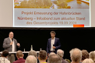 Bild Im Dialog mit den Bürgerinnen und Bürgern: Bürgermeister und Erster Sör-Werkleiter Christian Vogel spricht über Nürnbergs größtes Brückenprojekt. Bernhard Homering, Leiter der Sör-Abteilung Planung und Bau, moderierte den Abend.
