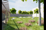 Bild Visualisierung des RochusParks mit schattenspendender Pergola und steinernen Findlingen auf einer Grünfläche