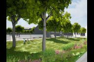 Bild Visualisierung des RochusParks mit Grünfläche, Bäumen und Stauden