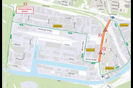 Bild Baustellen- und Umleitungskarte für den ersten Bauabschnitt von Montag bis Samstag, 17. bis 22. August 2026: Hafenstraße zwischen der westlichen Donaustraße und der Bremer Straße.