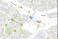 Bild Umleitungsstrecken für den Geh- und Radverkehr sowie den motorisierten Verkehr in Richtung Kohlenhof, während der Brückenbaustelle an der Kreuzung Frankenschnellweg / Schwabacher Straße.