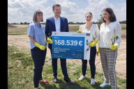 Bild Bekämpfung der Beifuß-Ambrosie in Nürnberg: Bayerns Gesundheitsministerin Judith Gerlach (2. von rechts) und Professorin Claudia Traidl-Hoffmann (rechts), Sonderbeauftrage des bayerischen Gesundheitsministeriums für Klimaresilienz und Prävention, übergaben den Förderbescheid an Oberbürgermeister Marcus König (2. von links)  und Britta Walthelm (links), Referentin für Umwelt und Gesundheit der Stadt Nürnberg, am Donnerstag, 16. Juli 2026, bei einer Ambrosia-Befallsfläche im siedlungsnahen Bereich, Am Kressenstein 22, in Nürnberg-Kraftshof.