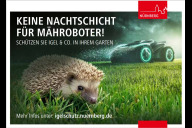 Bild Nachtaktive Mähroboter: eine tödliche Gefahr für Igel. Infopostkarten der aktuell laufenden Kampagne klären auf.