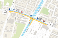 Bild Die Übersichtskarte zeigt den Umfang der Fahrbahndecken-Sanierung auf der Jansenbrücke (gelb). Die Bauarbeiten führen zu Verkehrsbehinderungen. Umleitungen sind ausgeschildert.