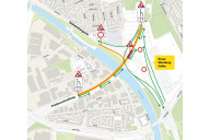 Bild Vollsperrung der Südwesttangente am Kreuz Nürnberg-Hafen am Wochenende von Freitag, 16. Mai, bis Montag, 19. Mai 2025. Die Baustellenkarte zeigt die Fahrbeziehungen, die auch während der Vollsperrung möglich sind.