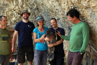 Bild Abschiednehmen: Tierpfleger Philip Helm und Tierpflegerin Susann Wagner vom Tiergarten der Stadt Nürnberg bringen den jungen Bartgeier gemeinsam mit einem Park-Ranger und den Namenspaten in sein neues Zuhause, eine Felsnische im Parc Naturel Régional du Vercors. 