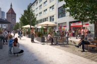 Bild Der Straßenraum wird in Zukunft stärker für Außengastronomie freigegeben und durch Aufenthaltsbereiche, Aktionsflächen sowie Aktivinseln mit Spielpunkten belebt. Die Breite Gasse wird so zu einem vielfältigen, multifunktionalen Ort für alle Zielgruppen werden – nicht nur zum Einkaufen, Genießen oder Arbeiten, sondern auch zum entspannten Verweilen.
