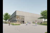 Bild Visualisierung der Dreifachsporthalle Parlerstraße in Wetzendorf mit Blick auf den Haupteingang.