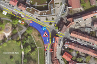 Bild 1. Bauabschnitt von 21. September bis 16. Oktober: Das Baufeld befindet sich auf der südlichen Straßenhälfte entlang des Cramer-Klett-Parks. Der Verkehr wird mit jeweils einer Fahrspur pro Richtung an der Baustelle vorbeigeführt.

