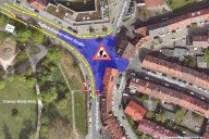 Bild 2. Bauabschnitt von 19. Oktober bis 20. November: Das Baufeld verlagert sich in die Mitte der Kreuzung sowie in die Einmündungen der Wöhrder Hauptstraße und der Gießereistraße. Auch auf der östlichen Seite der Hirsvogelstraße im Bereich der Hausnummern 14 bis 18 wird gearbeitet.
