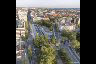 Bild Animation der Variante A zur Umgestaltung des Plärrers mit Barrierefreiheit und weitreichenden Maßnahmen zur Klimaanpassung.  