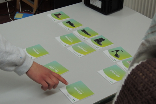 Die Teilnehmenden müssen die auf kleinen Karten abgebildeten Schuhe der jeweiligen offiziellen Bezeichnung zuordnen.