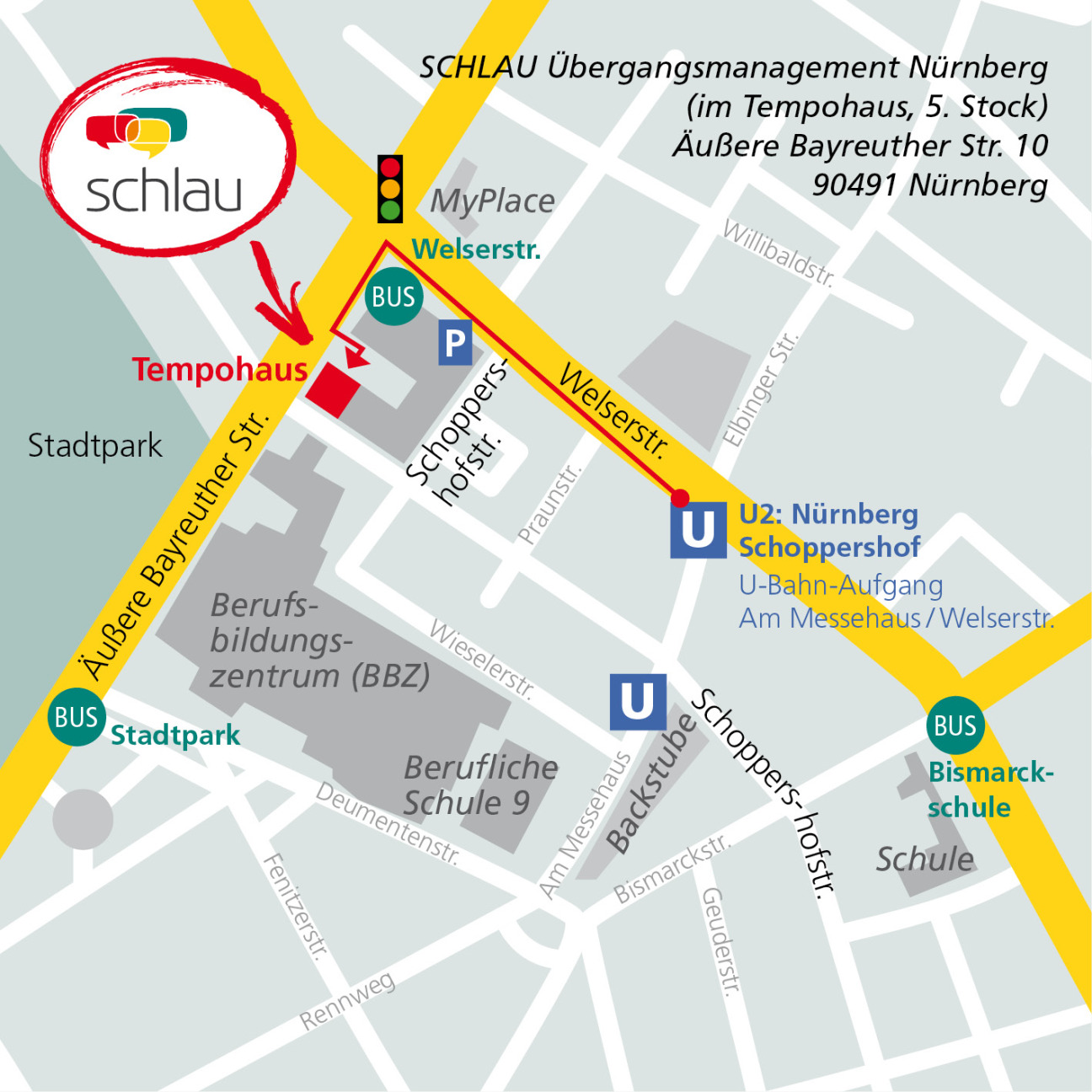 Wegbeschreibung von der U-Bahnhaltestelle Schoppershof zu SCHLAU Übergangsmanagement, Bild © SCHLAU