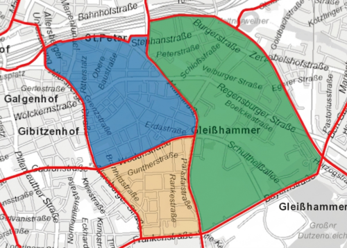 Karte des Einzugsbereichs der praeventiven Hausbesuche in der östlichen Nürnberger Südstadt