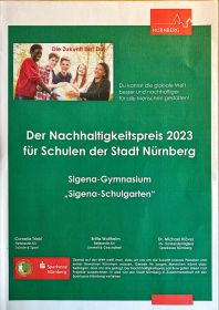 Unser Projekt "Schulgarten" hat einen Nachhaltigkeitspreis der Stadt Nürnberg erhalten.