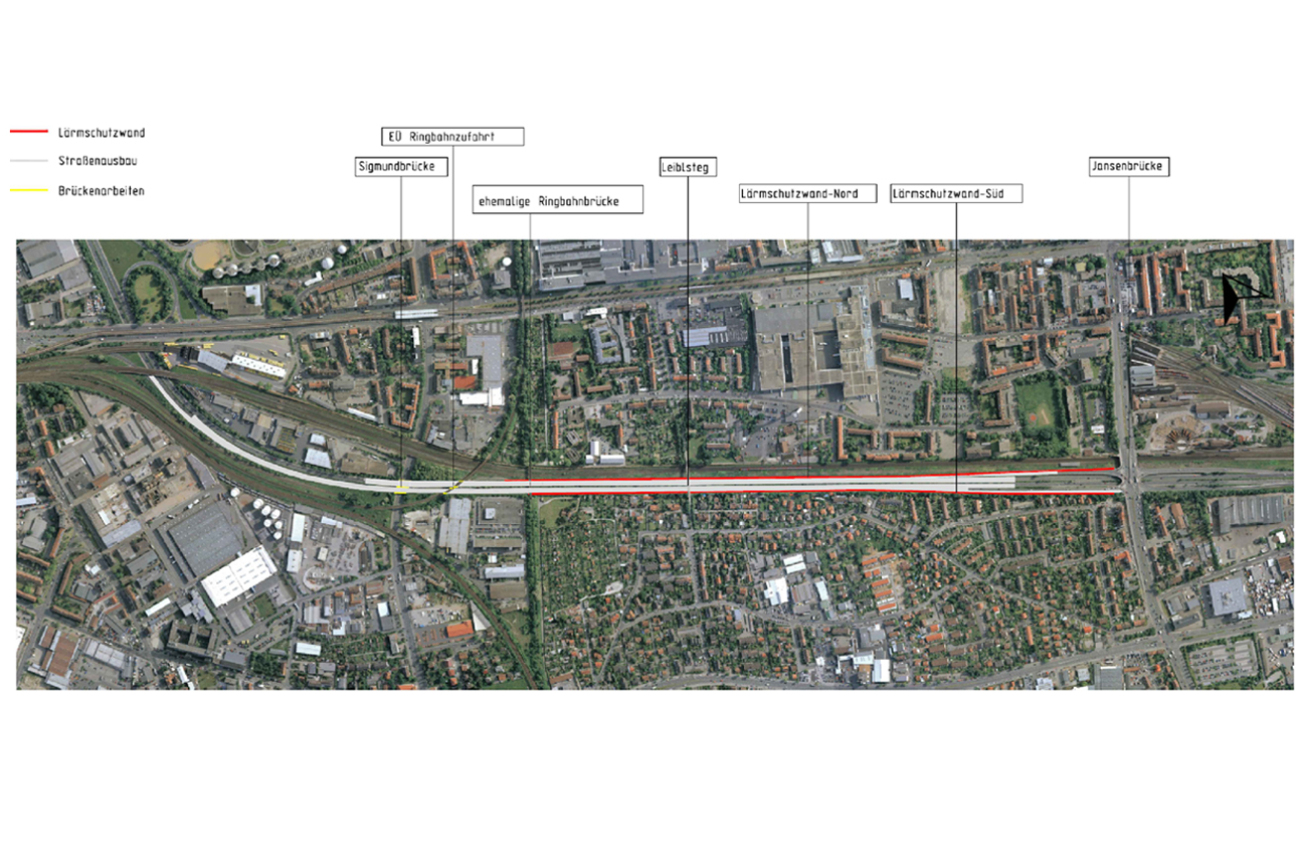 FSW Abschnitt West Karte: Der Abschnitt West umfasst ein 2,2 Kilometer langes Straßenstück von der Anschlussstelle Nürnberg / Fürth bis zur Anschlussstelle Nürnberg-Westring an der Jansenbrücke., Bild © SÖR / Geobasisdaten: © Stadt Nürnberg, Geo und © Bayerische Vermessungsverwaltung. Darstellung der Flurkarte als Eigentumsnachweis nicht geeignet.