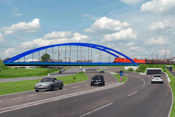 Visualisierung der neuen Verbindungsgleisbrücke über den ausgebauten Frankenschnellweg. 