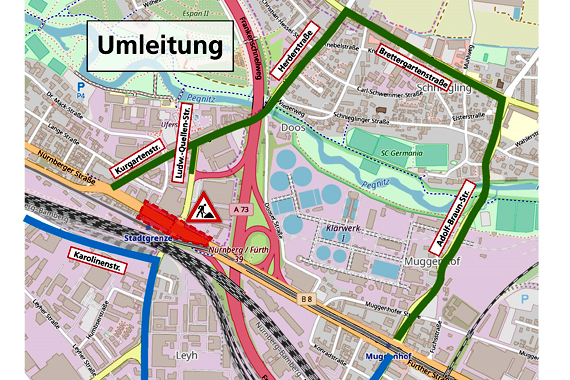 Umleitungsempfehlung Vollsperrung Kreuzung Fürther Straße an der Stadtgrenze